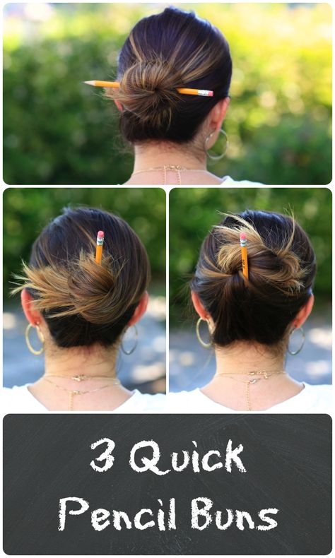 Pencil Buns-for my girls, who know I don't do my hair and they are usually left with that responsibility. This is for y'all. Hairstyles Buns, Bread Ideas, Hairstyles Theme, 5 Minute Hairstyles, Back To School Hairstyles, Short Hair Styles Easy, Quick Hairstyles, A Pencil