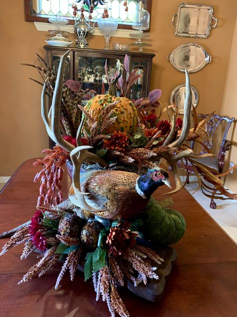 Pheasant Table Decor, Antler Flower Arrangement, Antler Floral Arrangement, Deer Antler Floral Arrangement, Pheasant Decor, Thanksgiving Centerpieces Floral Pheasant Feather, Artificial Flower Arrangements Centerpieces, Thanksgiving Tables, Antler Decor