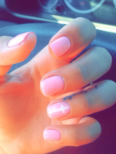 My pink gel nails with white cross Pink Nails With Cross, White Nails With Cross, Nails With A Cross, Pink And White Gel Nails, Nails With Cross, Pink And White Nails, Nails With White, White Gel Nails, Pink Gel Nails