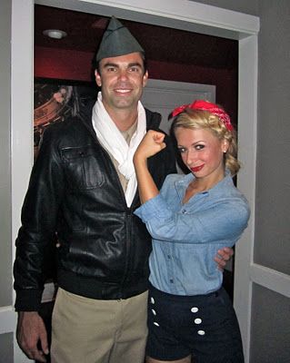 Rosie and a WWII fighter pilot aka next years halloween costume 1950s Costume Couple, Rosie The Riveter Costume Couple, Merica Monday, 50s Halloween Costumes, Wwii Fighter Pilot, Rosie The Riveter Costume, Aviation Party, Office Halloween Costumes, Meme Costume