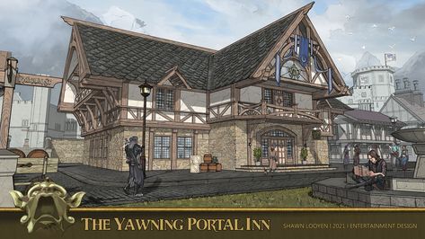 ArtStation - The Yawning Portal Inn The Yawning Portal, Stone Building, Forgotten Realms, Minecraft Blueprints, Slate Roof, Guest Rooms, Black Iron, Dungeons And Dragons, Concept Design