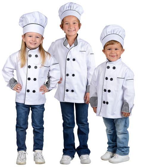 The Jr. Chef jacket with hat is a must have for any aspiring Chef!   High quality, durable design for hours of fun.  Machine washable too!  Includes double breasted jacket with black piping and real working pockets.  It will make a great gift for girls and boys of all ages.  This item has been tested to meet applicable standards for children's products. Chef Outfit, Princess Gloves, Hat Halloween Costume, Chef Costume, Junior Chef, Kostum Halloween, Firefighter Costume, Astronaut Suit, Chef Jackets