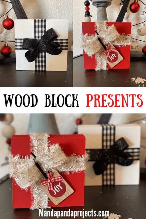 Diy Wooden Block Christmas Decorations, Wood Cube Christmas Crafts, Wooden Block Christmas Presents, Wood Block Presents Christmas Crafts, Scrap 2x4 Projects Diy Wood Blocks, Christmas Scrap Wood Crafts, Holiday Wood Crafts To Sell, Wood Block Crafts Diy Project Ideas, Crafts With 2x4 Scraps