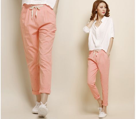 New 2015 Spring Women Pants  High Quality Cotton Pink Harem Pants  Candy colors fashion women Candy Pants Outfit, Linen Capri Pants, Candy Pants, Boho Summer Outfits, Pants Outfit Casual, Stylish Outfit, Spring Women, Women Pants, Cute Summer Dresses