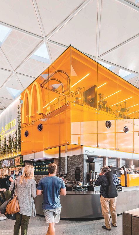 Landini Associates Wraps the Sydney Airport's McDonald's in Yellow-Tinted Glass Panels Fast Food Restaurant Design, Food Truck Interior, Chicken Shop, Sydney Airport, Cafe Shop Design, Kiosk Design, Yellow Interior, Food Restaurant, Fast Food Restaurant