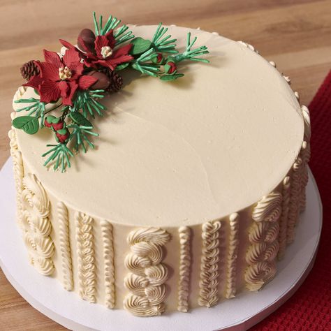 Sometimes the most elegant trend of all is simplicity 🔔🎄 Scale your holiday creations back with monochrome texture - use your favorite piping tips to create the illusion of a wool sweater. Top with the Holly and Poinsettia Gum Paste Sprays for a simple yet stunning centerpiece! Sweater Cake, Christmas Themed Cake, Christmas Cake Designs, Dairy Queen, Piping Tips, Elegant Christmas, Gum Paste, Christmas Cake, Themed Cakes