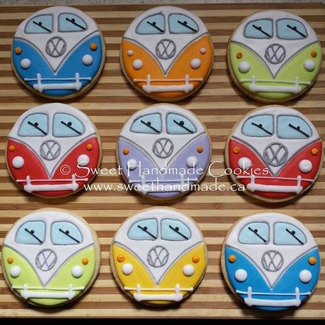 VW bus cookies for my brother. #vwbus #vwbuscookies #sweethandmadecookies #customcookies #decoratedcookies #designercookies #cookies #vwbusporn Car Decorated Cookies, Retro Cookies Decorated, Car Cookies Decorated, Hippie Cookies, Bus Cookies, Transportation Cookies, Car Cookies, Summer Cookies, Sugar Cookie Designs