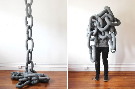 'knit chain'  a giant, gray knitted chain  each link is about 16 inches long The Magic Flute, Conceptual Fashion, Knit Art, Knit Pillow, Blog Images, Sculpture Installation, Soft Sculpture, Textile Artists, Objects Design