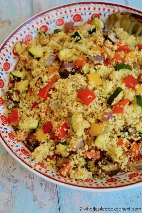 A simple and easy recipe for couscous with roasted vegetables. This is great eaten on its own or you can make it into a meal and serve as a side dish. Colourful, healthy and ready in less than 30 minutes! Couscous With Roasted Vegetables, Recipe For Couscous, Vegan Couscous Recipes, Vegetable Couscous Recipes, Simple Couscous Recipes, Vegetable Couscous Salad, Roasted Vegetable Couscous, Couscous Dishes, Couscous Salad Recipes