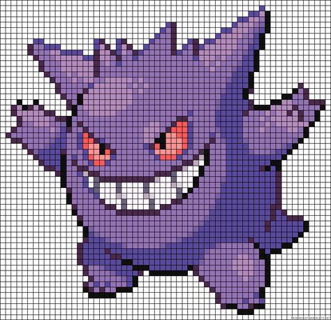 Gengar Pokemon Perler Beads, Gengar Beads Pattern, Small Pokemon Cross Stitch Patterns, Gengar Cross Stitch Pattern, Gengar Perler Bead Pattern, Gengar Alpha Pattern, Pokemon Grid Art, Pixel Pokemon Art, Quick Cross Stitch Patterns