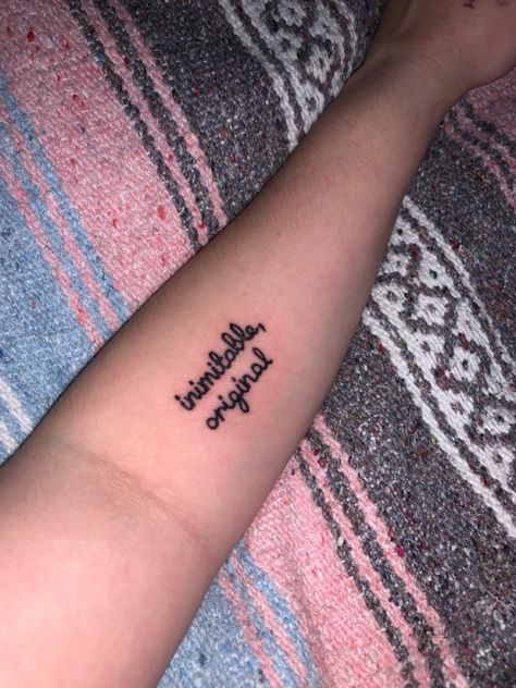 Image shows a 1.5 inch tattoo of the words “inimitable, original” stacked on top of each other on the upper forearm Wait For It Tattoo Hamilton, Hamilton Tattoo Ideas, Wait For It Hamilton, Hamilton Wait For It, Hamilton Tattoo, Fear Tattoo, Tattoo 2023, Bff Tattoos, Wait For It