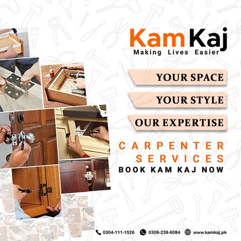 Look no further than Kam Kaj's professional carpentry services! Whether you need a custom piece of furniture or a full home renovation, our skilled carpenter can transform your living space. Book Now: https://www.kamkaj.pk/pr/carpenter-services Call us now: 0304-111-1526 WhatsApp: 0309-2396084 Playstore: https://bit.ly/2NclU5o AppStore: https://apple.co/38BmLEr #KamKaj #CarpenterServices #Karachi #Lahore #HandyManServices #HomeImprovement Home Repair Services, Carpentry Services, Handyman Services, Social Media Poster, Large Homes, Home Maintenance, Home Repair, Cleaning Service, Carpentry