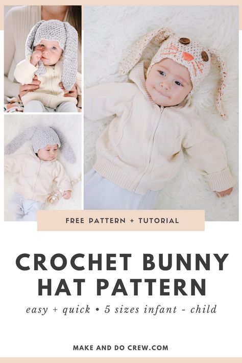 New from Make & Do Crew: This free crochet bunny hat pattern with floppy ears makes a darling crochet Easter surprise, baby shower gift or easy Halloween costume. Sizes newborn, infant, toddler/preschooler and child. Pair with our free crochet carrot baby toy pattern for a sweet set. Use any worsted weight yarn, the softer the better! Crochet Bunny Hat Pattern, Bunny Hat Pattern, Crochet Bunny Lovey, Free Crochet Bunny, Crochet Bunny Hat, Easy Crochet Baby Hat, Easter Bunny Costume, Velvet Crochet, Velvet Bunny