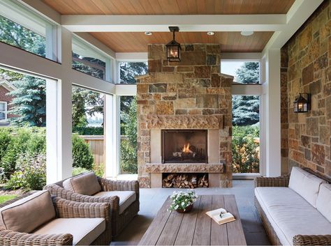 A cozy screen porch with a fireplace offers glimpses of Lake of the Isles. House In The City, Screened Porch Designs, Porch Fireplace, Building A Porch, Sunroom Designs, Casa Country, Casa Patio, Mill Valley, House With Porch