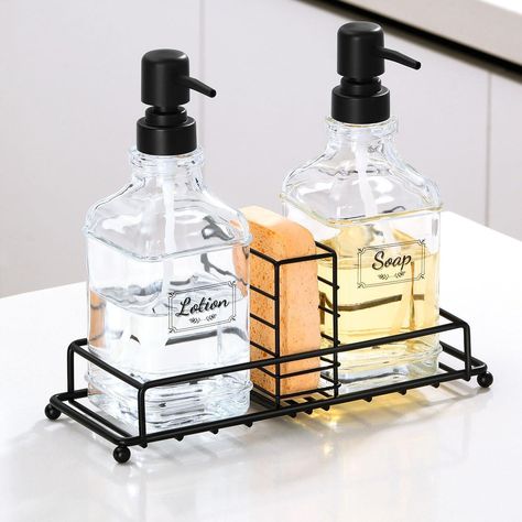 Kusmil Glass Soap Dispenser Set, Contains Hand Soap and Dish Soap Dispenser(Black & White) Dish Detergent Dispenser Ideas, Kitchen Sink Organization Soap Dishes, Mouthwash Dispenser Ideas, Kitchen Soap Dispenser Ideas, Middle Space, Hand And Dish Soap Dispenser, Soap Dispenser Bathroom, Soap Dispenser Set, Glass Soap Dispenser