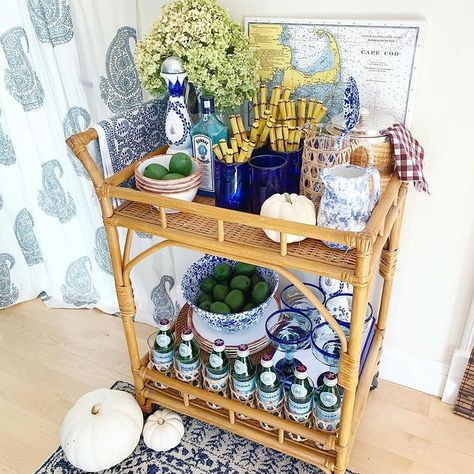 Emilie (@shellandchinoiserie) • Instagram photos and videos Bar Tray Styling, Dog Bedroom Ideas, Bar Cart Inspo, Gold Bar Cart Styling, Cheers Friends, Nautical Bar, Rattan Bar Cart, Dog Bedroom, Red Dining Room