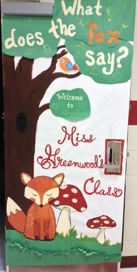 What does the fox say?...My fun classroom door :) Forest Themed Classroom Door, Forest Door Decorations Classroom, Fox Bulletin Board Ideas, Fox Bulletin Board, Fox Classroom Theme, Fox Theme Classroom Decor, Fox Classroom Decor, Woodland Animal Classroom Decor, Wild About Reading Door Decoration