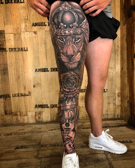 @angelinkbalitattoo on Instagram: “Beautiful leg sleeve tattoo done by our artist professional 🌟🌟🌟 #legtattoo #balitattoo #liontattoo” Man Leg Tattoo, Lion Leg Tattoo, Leg Tats, Best Leg Tattoos, Shin Tattoo, Full Leg Tattoos, Lion Head Tattoos, Men Tattoos Arm Sleeve, Leg Tattoo Men