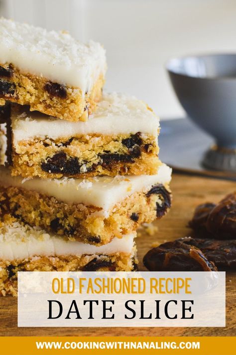 Chewy dates combined with buttery biscuit and sweet lemon icing – you really can't go wrong! Date Slice, Sweet Slices, Oat Slice, Slice Recipes, Mint Slice, Bake Ideas, Slab Cake, Sticky Date Pudding, Slice Recipe