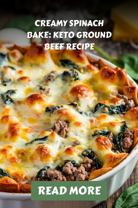 Creamy spinach and keto ground beef bake topped with melted cheese. Beef And Spinach Recipes, Ground Beef Spinach, Savory Beef Stew, Scrappy Cooking, Keto Spinach, Almond Crusted Chicken, Beef Stews, Crusted Chicken Tenders, Butter Chicken Curry