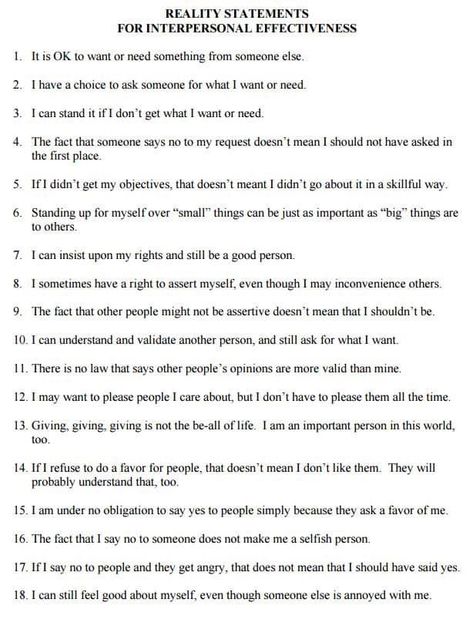 Reality statements for interpersonal effectiveness Interpersonal Effectiveness, Behavior Therapy, Dialectical Behavior Therapy, Mental Health Counseling, Therapeutic Activities, Counseling Activities, Therapy Counseling, Counseling Resources, Therapy Worksheets