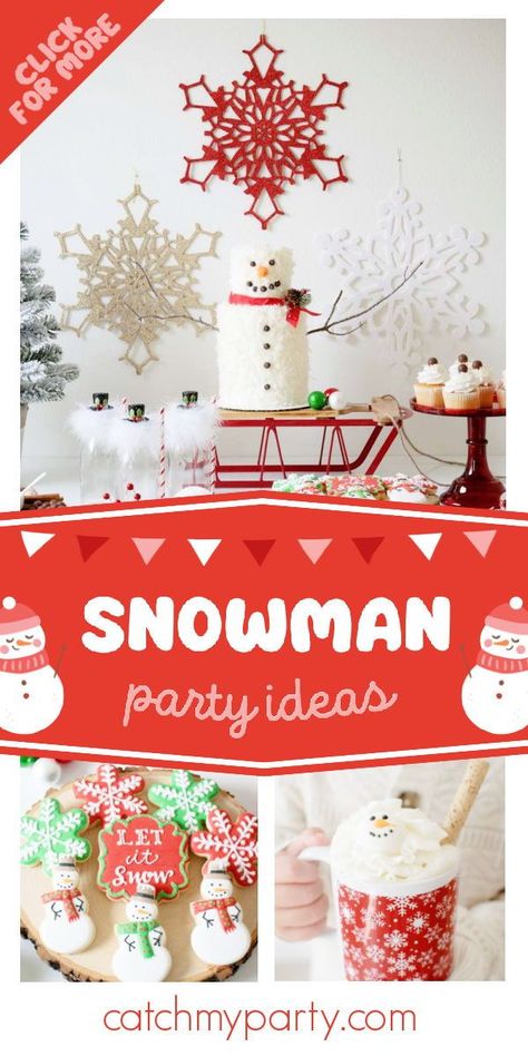 Feast your eyes on this fantastic Snowman-themed Christmas party! Love the cookies! See more party ideas and share yours at CatchMyParty.com Snowman Party Ideas For Kids, Snowman Christmas Party Theme, Snowman Themed Christmas Party, Snowman Themed Party, Snowman Party Ideas, Kids Holiday Party Ideas, Snowman Tablescape, Snowman Birthday Party, Snowman Christmas Party