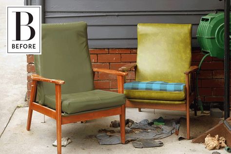 "These chairs are brothers from other mothers, and I wanted to update them to reflect that" Midcentury Chair, Steel Bookshelf, Mcm Chair, Retro Armchair, Hardwood Doors, Chaise Chair, Basement Makeover, Chair Makeover, Other Mothers