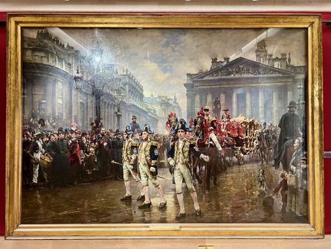 View of the The Ninth of November, 1888 painting at Guildhall Art Gallery in London. The 1890 painting by William Logsdail shows the Lord Mayor's procession of 1888 when Sir James Whitehead was elected. The new Lord Mayor is leaving the Mansion House, not shown in the painting. The Bank of England is on the left side, while The Royal Exchange is in the background. Note: This year's Lord Mayor's Show is this coming Saturday, 11th November. Find out more via https://www.guidelondon.org.uk/event... Guildhall Art Gallery, Background Note, Mansion House, London Tours, Bank Of England, Tourist Guide, St Pauls Cathedral, The Mansion, Mansions Homes