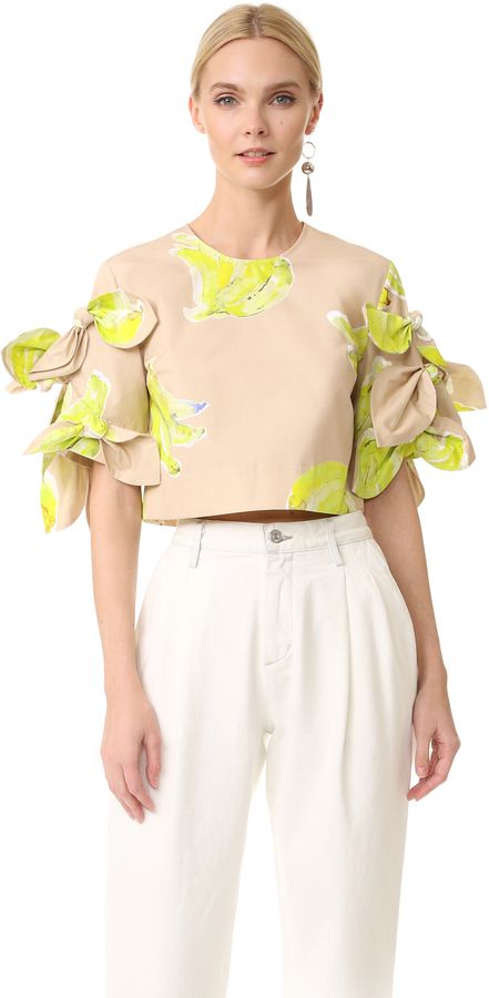 MSGM Tie Banana Top Bluse Latest Design, Buttons And Bows, Banana Print, The Best Summer, Spring Fashion Trends, Short Sleeve Cropped Top, Looks Chic, Summer Tops, Sleeve Designs