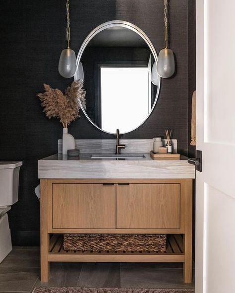 Organic Powder Room, Powder Washroom, Modern Bathroom Vanity Ideas, Moody Spaces, Bathroom Vanity Ideas, Leclair Decor, Traditional Contemporary, Mirror Mirror On The Wall, Vanity Ideas