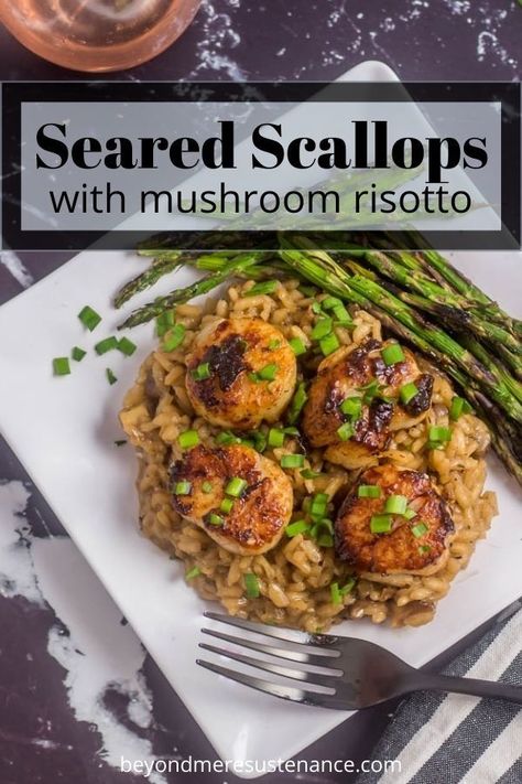 A perfectly seared scallop atop earthy, creamy mushroom-laden risotto... A perfect starter course for a special occasion, or a main dish with additional scallops! Seared Scallop With Mushroom Risotto is an elegant starter or show-stopping main dish with a salad or vegetable side! #glutenfree #scallopmushroomrisotto #mushroomrisotto #scalloprecipes #seafoodrisotto #Christmasmains #ValentinesDaymains #entertainingrecipes #startercourse #risottorecipes #glutenfreemains #romanticdinners Scallop Risotto Recipes, Dinner Soup Recipes, Healthy Seafood Dishes, Roast Dinner Recipes, Grilled Dinner Recipes, Grilled Seafood Recipes, Skillet Dinner Recipes, Pork Recipes For Dinner, Italian Dinner Recipes