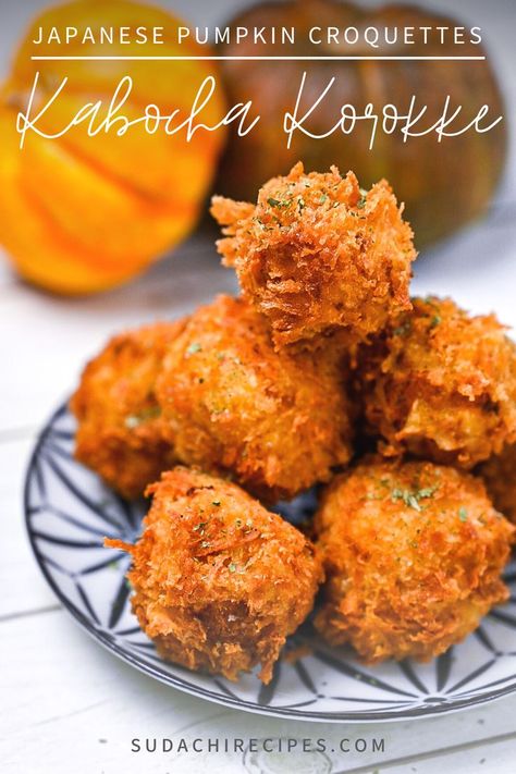 A stack of deep fried kabocha korokke, Japanese pumpkin croquettes sprinkled with dry parsley Pumpkin Croquettes, Sudachi Recipes, Japanese Pumpkin, Comforting Meals, Cheese Dinner, Kabocha Squash, Autumn Recipes, Japanese Cooking, Croquettes