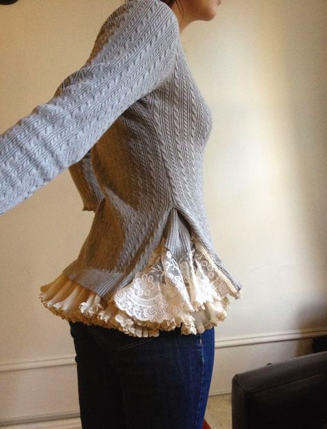 Romantic Lace Sweater--Could also be a way to lengthen a sweater Up Cycling Clothes, Button Bracelets, Detail Couture, Plain Sweater, Upcycled Sweater, Sweater Pin, Mode Tips, Sweater Refashion, Repurposed Clothing