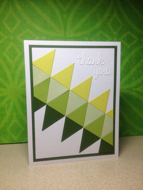 handmade card from Little Paper Studio ..  mod look ... greens and white ... geometric design made of die cut triangles divides the card diagonnally ... like it!! Geometric Cards Handmade, Geometric Cards, Triangle Cards Template, Stitched Triangles Stampin Up Cards, Triangle Cards Design, Triangle Christmas Tree Cards, Stampin Up Triangle Dies, Card Making Templates, Birthday Cards For Men