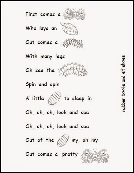 Storytime Rhymes, Preschool Insects, Butterfly Lifecycle, Butterfly Song, Butterfly Poems, Butterfly Lessons, Kindergarten Poems, Preschool Poems, The Very Hungry Caterpillar Activities