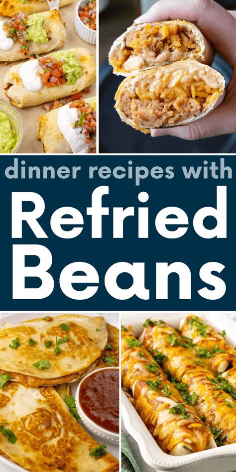 12 Dinner Recipes With Refried Beans Recipes Using Refried Beans, Recipes With Refried Beans, Quick Mexican Recipes, Smothered Beef Burritos, Make Refried Beans, Refried Bean, Canning Refried Beans, Bean Dishes, Refried Beans Recipe