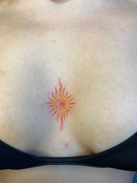 touch up sun tattoo ideas Colored Sun Tattoo Small, Small Back Of The Neck Tattoos, Colorful Sunset Tattoo, Sun Red Tattoo, Sun Stomach Tattoo, Sun Back Tattoo Women, Sun Chest Tattoo Female, Orange Sun Tattoo, Colorful Sun Tattoo