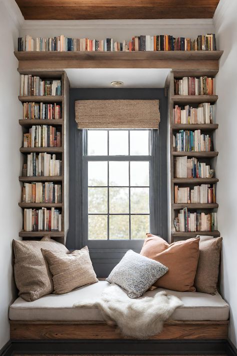 Discover ultimate tranquility in this plush window seat reading nook, perfectly designed for warm cups of tea, cozy blankets, captivating books, and serene rainy days. Reading Nook Window, Corner Reading Nook, Cozy Home Library, Cozy Window Seat, Reading Nook Ideas, Home Library Rooms, Window Nook, Interior Design Per La Casa, Nook Ideas