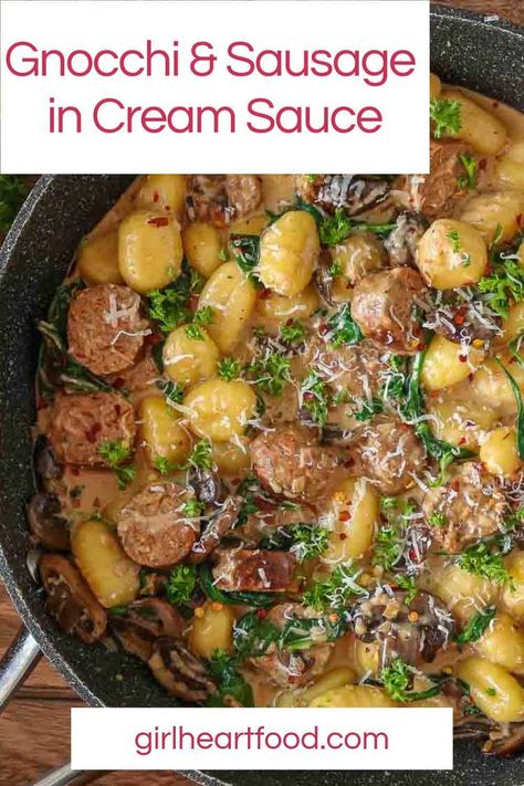 Looking for a super comforting recipe for two? Try veggie sausage and gnocchi with cream sauce. It's seriously easy to prepare and so delicious. Plus, this gnocchi recipe comes together in under 30 minutes! It's great for date night or can be enjoyed as a simple weekday supper. #gnocchiwithcreamsauce #sausageandgnocchi #recipefortwo #datenightrecipe Kielbasa And Gnocchi, Gnocchi Cream Sauce, Polish Sausage Recipes, Dinner Date Recipes, Recipe For Sausage, Andouille Sausage Recipes, Pork Sausage Recipes, Smoked Sausage Recipes, Recipe For Two