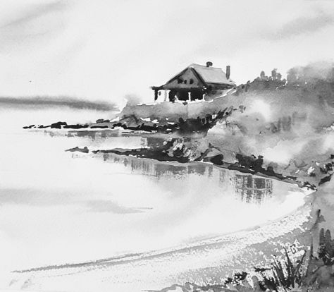 Black And White Watercolor Painting Landscape, Painting With Ink And Water, Monochrome Watercolor Paintings, Watercolor Art Black And White, Black And White Watercolor Painting, Black And White Watercolour, Watercolor Monochrome, Monochromatic Watercolor, Watercolor Black And White