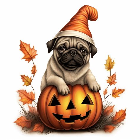 Pug Pumpkin, Halloween Dogs Art, Pug Skeleton, Puppies And Pumpkins, Pug Halloween Wallpaper, Halloween Pug, Pug Wallpaper, Pug Art, Cute Pugs