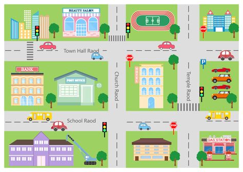 Cartoon City Map How To Draw A City Map, Drawing Neighborhood, Giving Directions Map, Community Map Drawing, Town Map Drawing, Town Map Illustration, Town Cartoon, Map Cartoon, Community Map