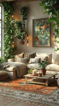 Earthy Comfy Living Room, Romantic Living Room Decor Cozy, Styling Plants Living Rooms, Cozy Plant Living Room, Boho Earthy Living Room, Plant Sitting Room, Eco Living Room, Cozy Bright Living Room, Bright Cozy Living Room