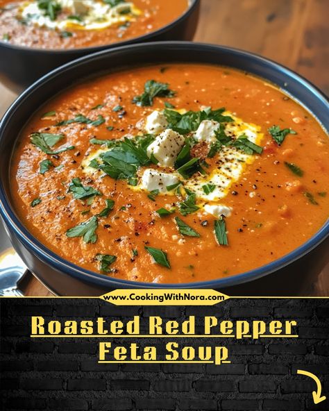 🌿 Fresh, creamy, and packed with flavor—this Roasted Red Pepper Feta Soup is perfect for chilly days! Ingredients: 4 large roasted red peppers (jarred or fresh, peeled and deseeded) 2 tablespoons olive oil 1 medium onion, diced 3 garlic cloves, minced 3 cups vegetable broth 1 cup crumbled feta cheese 1/2 cup heavy cream 1 teaspoon smoked paprika 1/2 teaspoon crushed red pepper flakes (optional) Salt and black pepper to taste Fresh basil or parsley for garnish Instructions: Heat olive oil in a... What To Make With Roasted Red Peppers, Roasted Bell Pepper Soup, Roasted Red Pepper Soup Recipe, Red Pepper Gouda Soup, Red Pepper Flakes Recipes, Roasted Soup, Red Bell Pepper Recipes, Feta Soup, Bell Pepper Soup