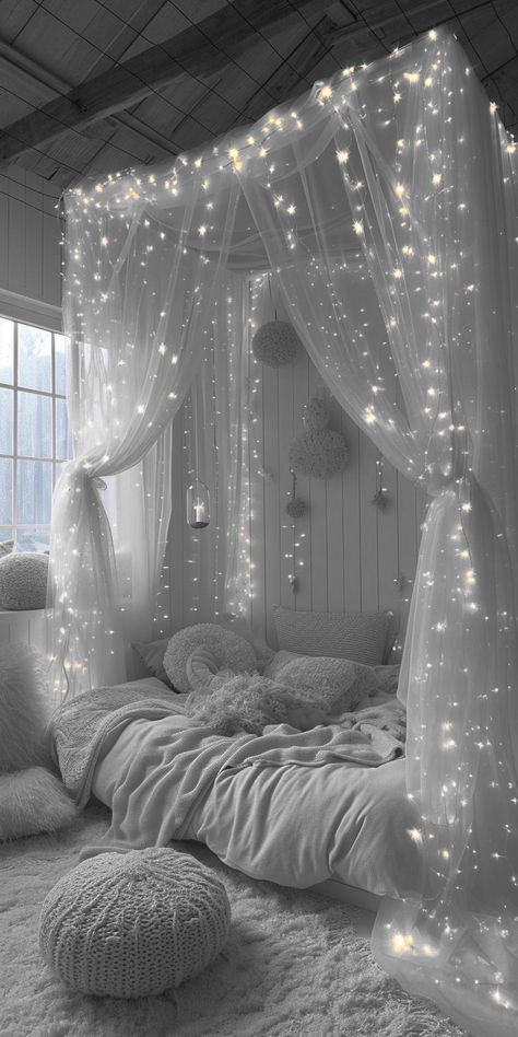 Hanging Round Bed, Small Cozy Bedroom Ideas Fairy Lights Room Decor, Aesthetic Ceiling Decor, Simple Aesthetic Bedroom, Really Small Bedroom Ideas, Nighttime Bedroom, Elegant Bedroom Ideas Luxury, Dream Bedroom Cozy, Bedroom With Windows