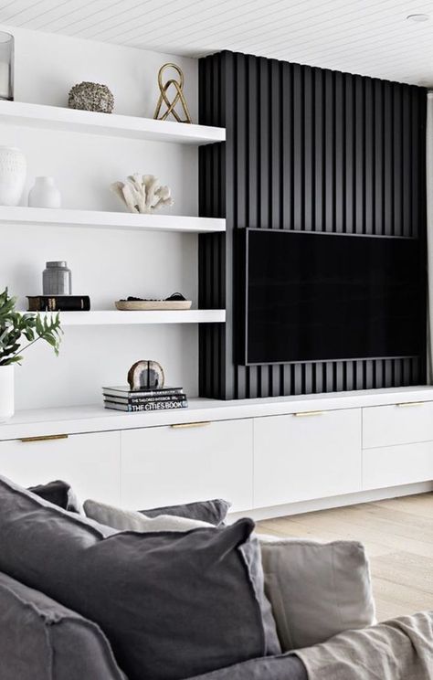 Black Tv Built In Wall Unit, Living Room Wall Storage Ideas, Coastal Tv Wall, Built In Tv Console, Built In Tv Wall Unit With Fireplace, Tv Built In Wall Unit, Built In Tv Wall Unit, Feature Wall Living Room, Living Room Wall Units