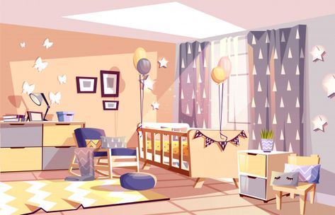 Modern newborn kid or nursery room inter... | Free Vector #Freepik #freevector #freebackground #freebaby #freestar #freecartoon Untidy Room, Phone Makeover, Interior Vector, Room Anime, Bedroom Illustration, Gacha Background, Outfit Gacha, Background Anime, Nursery Illustration