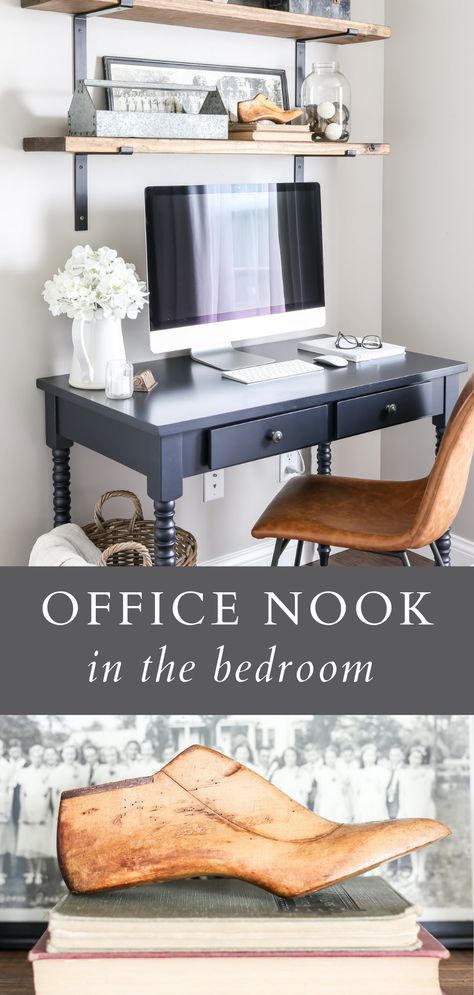 A beautiful and functional office nook in the guest bedroom. A great way to maximize space when you don’t have an extra room for office needs! Home Office Nook Master Bedrooms, Desk In Master Room, Office In Master Room, Desk In Bedroom Master Home Office, Office Nook In Bedroom, Bedroom Office Nook, Small Office Guest Room Combo, Reading Corner Living Room, Small Office Guest Room