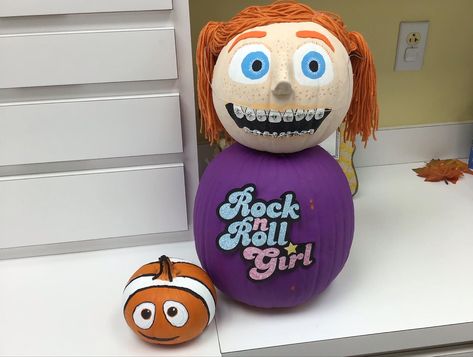 #pumpkincontest #findingnemo #darla #nemo #pumpkinpainting #halloween Finding Nemo Pumpkin Ideas, Finding Nemo Pumpkin, Nemo Pumpkin, Rock And Roll Girl, Pumpkin Contest, Halloween Pumpkin Designs, Pumpkin Designs, Painted Pumpkin, Rock Girl