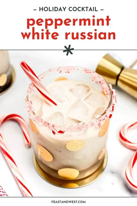 Sip holiday joy with this Peppermint White Russian cocktail recipe. It's a delightful mix of classic richness with a candy cane rim. Ornament Drinks, Peppermint White Russian Recipe, Peppermint White Russian, Easy Holiday Baking, White Chocolate Syrup, White Russian Recipes, White Russian Cocktail, Festive Holiday Cocktails, Thanksgiving Baking